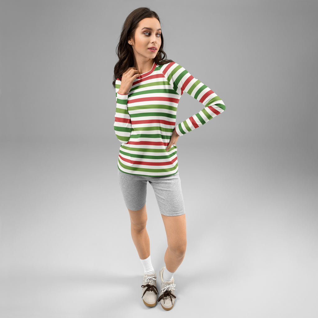 Women's Christmas Stripe Long Sleeve Rash Guard Swim Shirt – Buttery Soft, Sun Safe UPF 50+ Protection, Quick Dry & 4-Way Stretch Comfort
