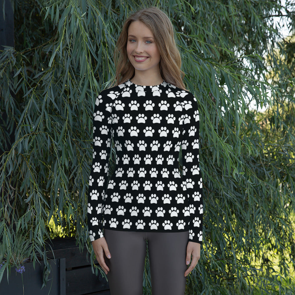 Women's Black Paw Print Long Sleeve Rash Guard Swim Shirt – Buttery Soft, Sun Safe UPF 50+ Protection, Quick Dry & 4-Way Stretch Comfort