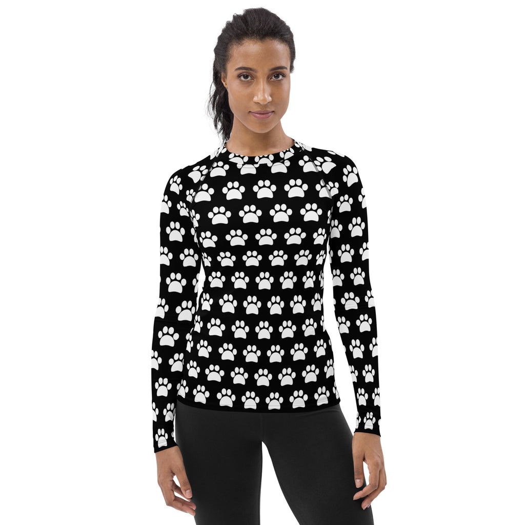Women's Black Paw Print Long Sleeve Rash Guard Swim Shirt – Buttery Soft, Sun Safe UPF 50+ Protection, Quick Dry & 4-Way Stretch Comfort