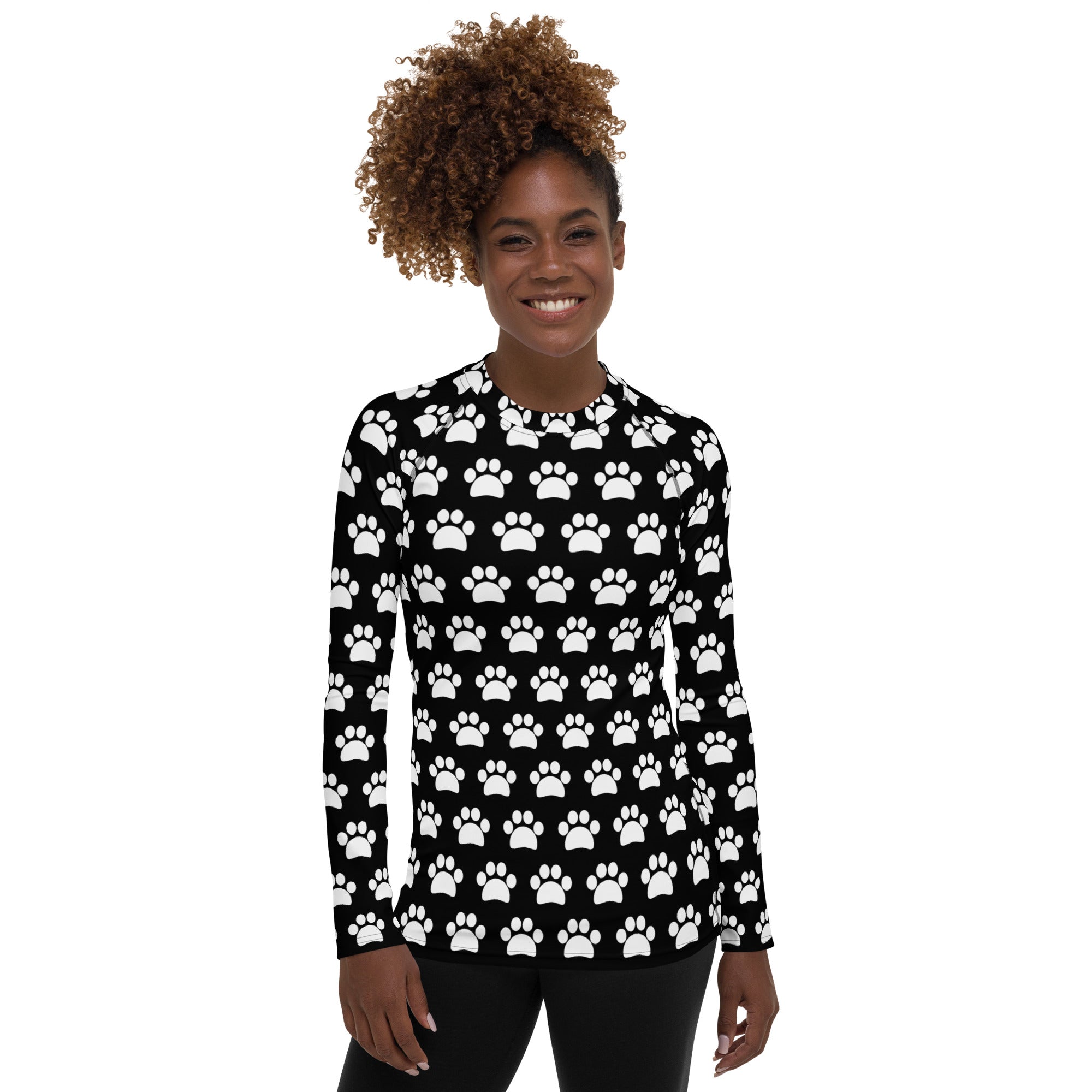 Women's Black Paw Print Long Sleeve Rash Guard Swim Shirt – Buttery Soft, Sun Safe UPF 50+ Protection, Quick Dry & 4-Way Stretch Comfort