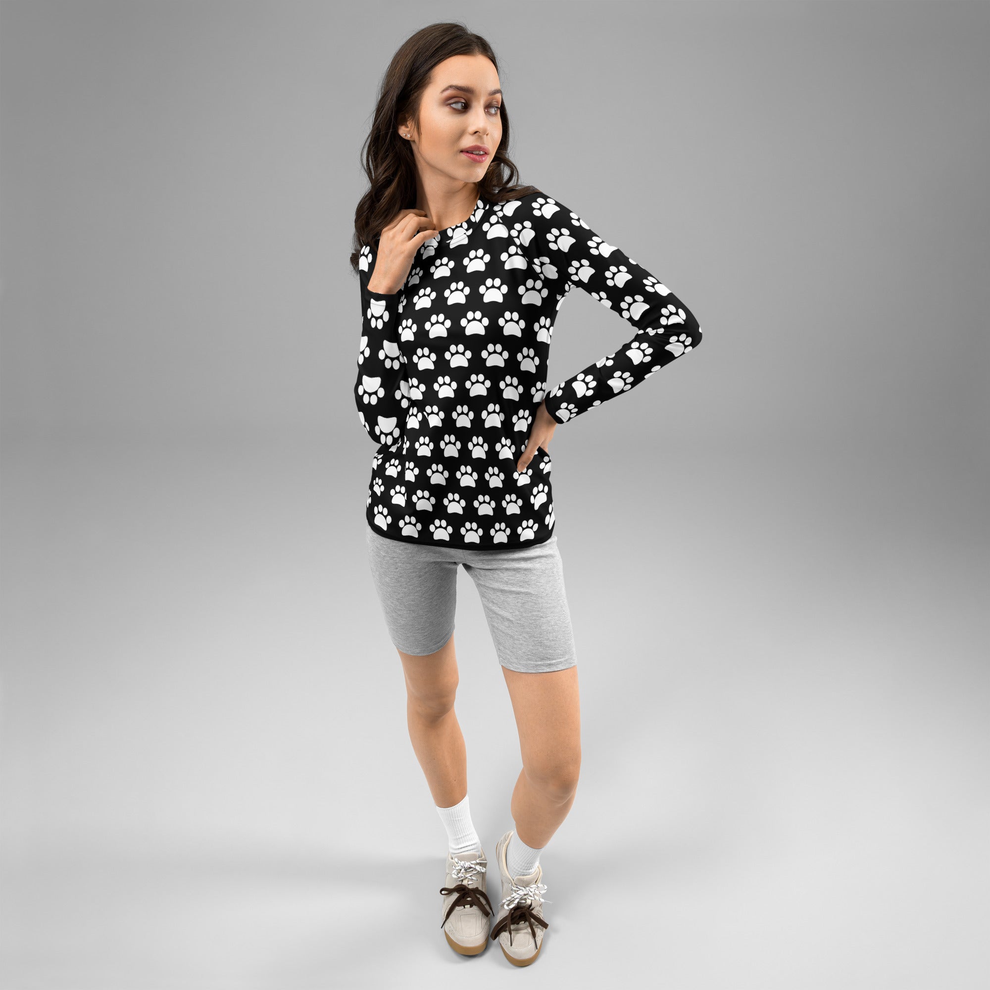 Women's Black Paw Print Long Sleeve Rash Guard Swim Shirt – Buttery Soft, Sun Safe UPF 50+ Protection, Quick Dry & 4-Way Stretch Comfort