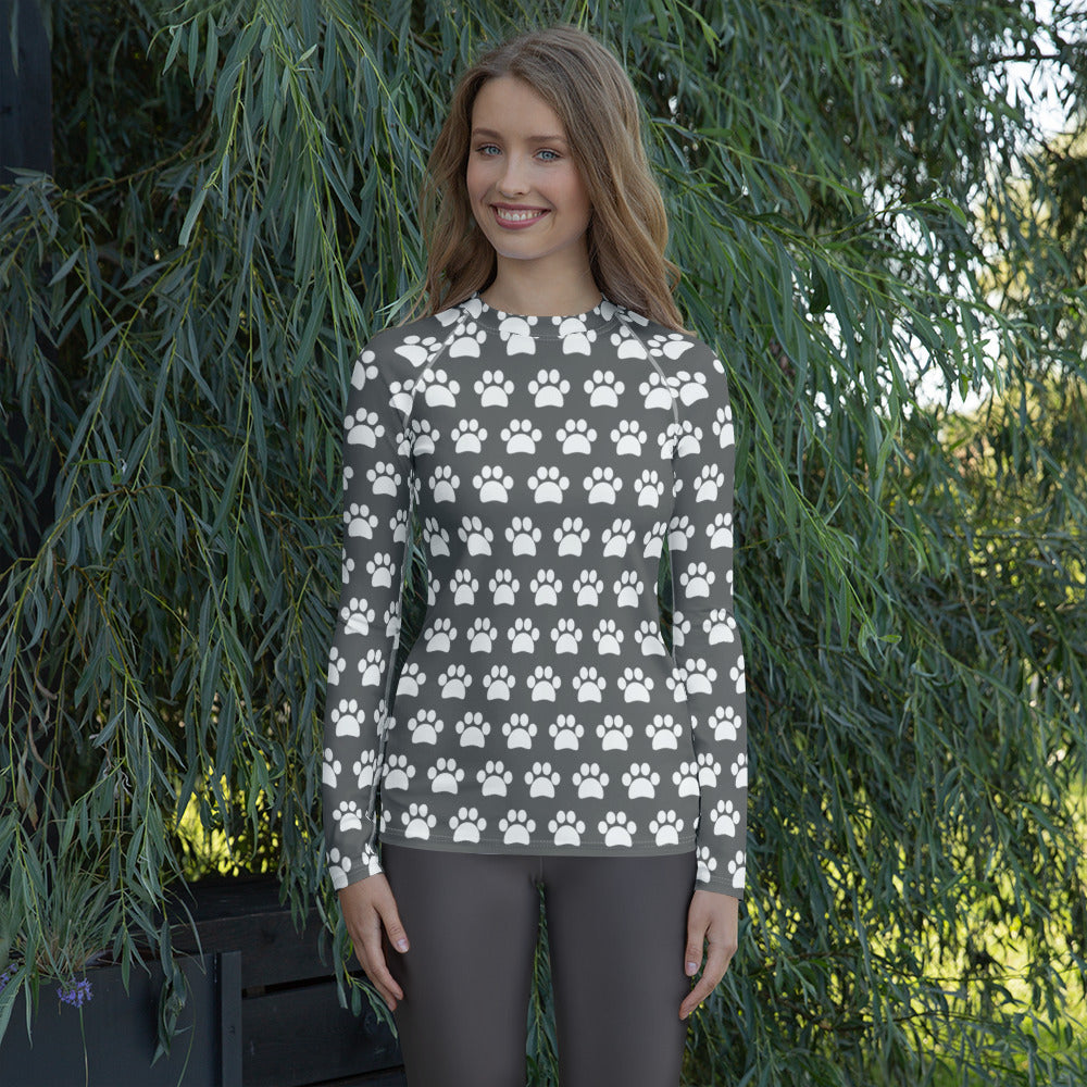 Women's Gray Paw Print Long Sleeve Rash Guard Swim Shirt – Buttery Soft, Sun Safe UPF 50+ Protection, Quick Dry & 4-Way Stretch Comfort