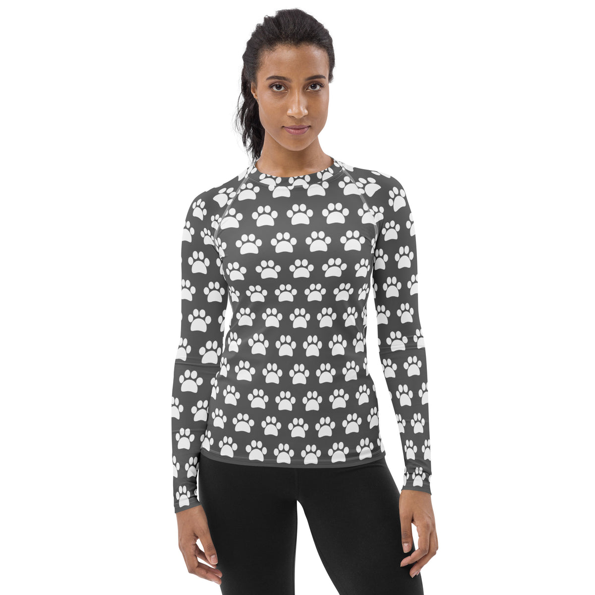 Women's Gray Paw Print Long Sleeve Rash Guard Swim Shirt – Buttery Soft, Sun Safe UPF 50+ Protection, Quick Dry & 4-Way Stretch Comfort