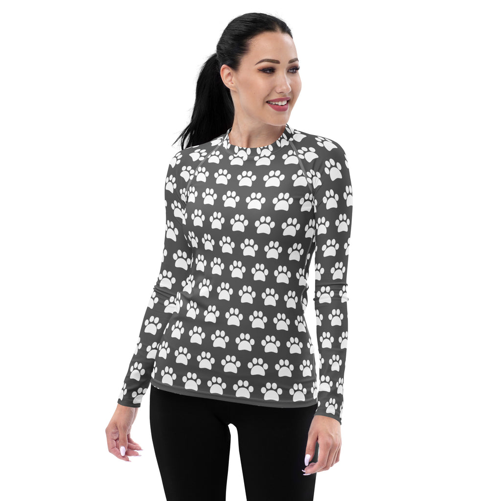 Women's Gray Paw Print Long Sleeve Rash Guard Swim Shirt – Buttery Soft, Sun Safe UPF 50+ Protection, Quick Dry & 4-Way Stretch Comfort