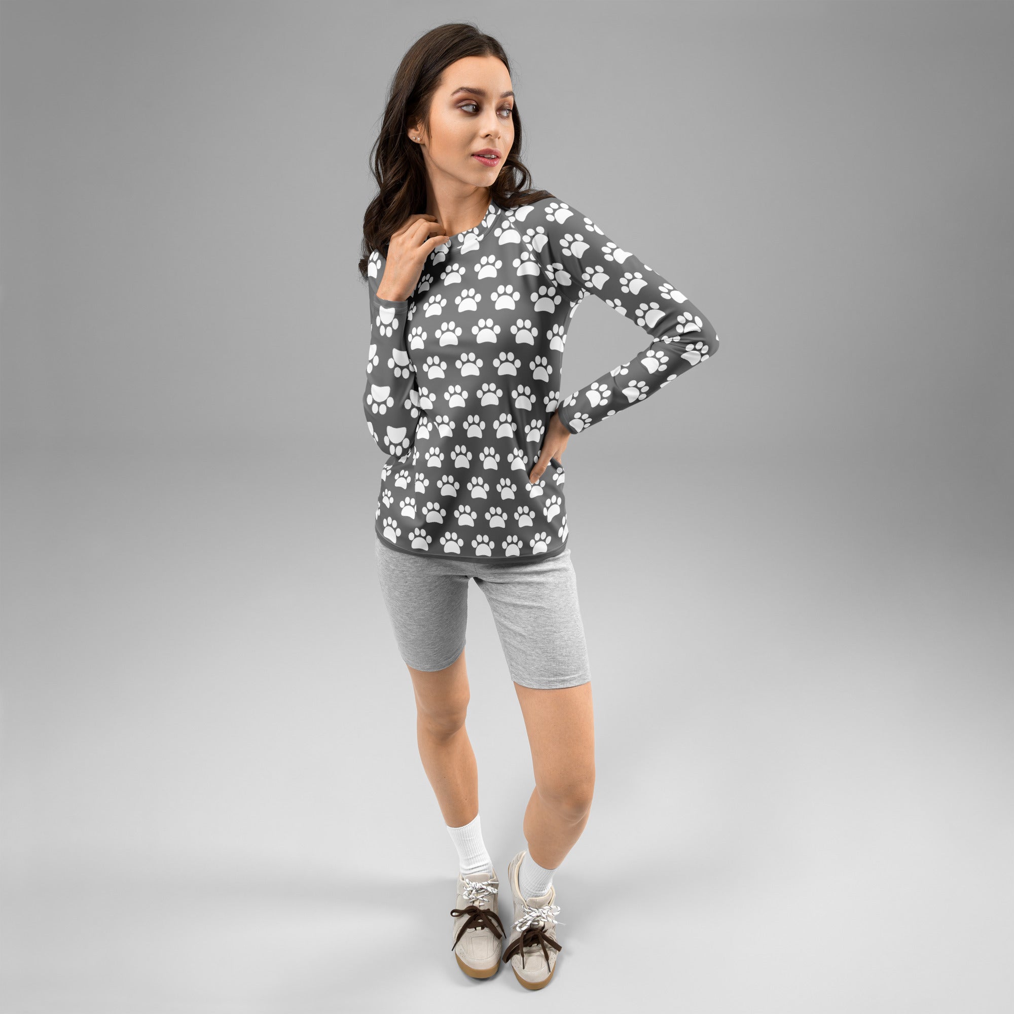 Women's Gray Paw Print Long Sleeve Rash Guard Swim Shirt – Buttery Soft, Sun Safe UPF 50+ Protection, Quick Dry & 4-Way Stretch Comfort