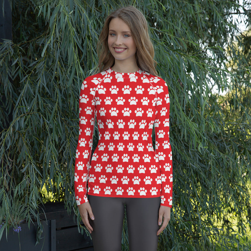 Women's Red Paw Print Long Sleeve Rash Guard Swim Shirt – Buttery Soft, Sun Safe UPF 50+ Protection, Quick Dry & 4-Way Stretch Comfort