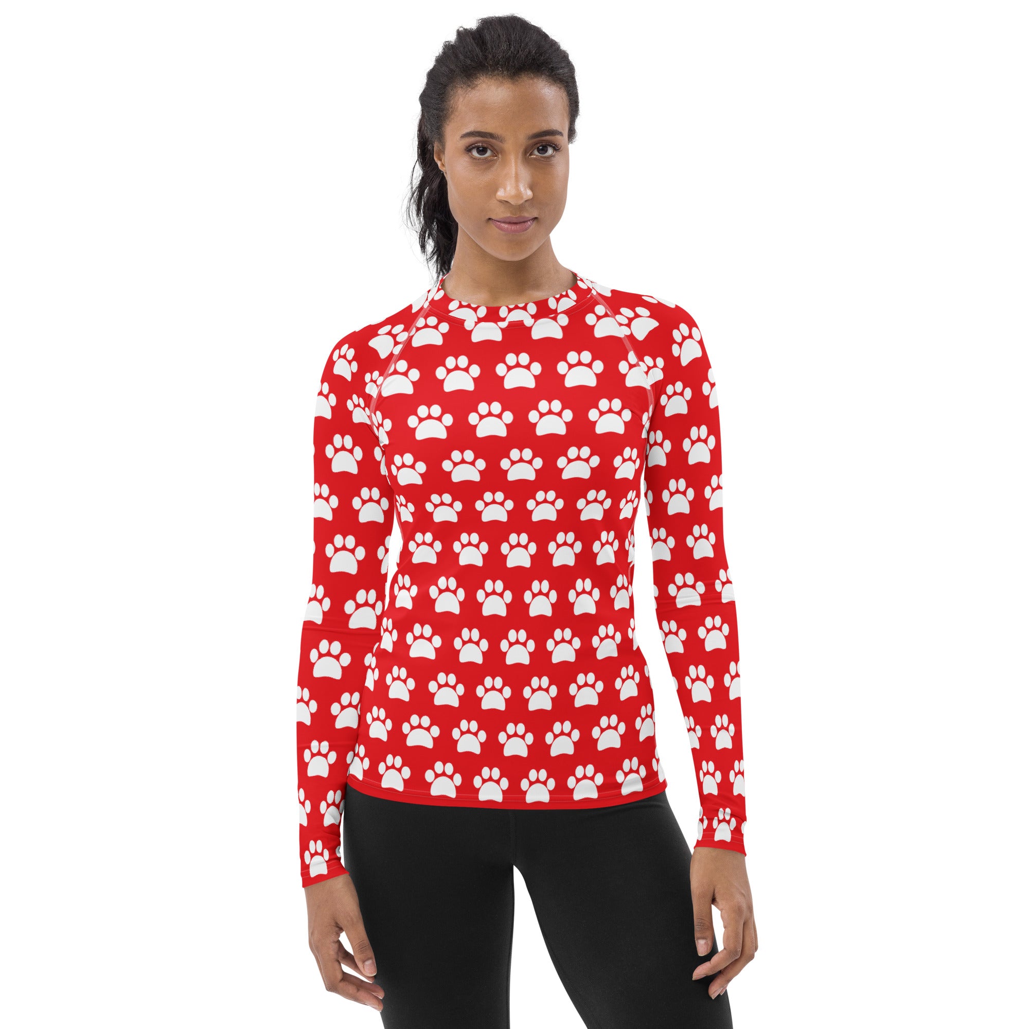 Women's Red Paw Print Long Sleeve Rash Guard Swim Shirt – Buttery Soft, Sun Safe UPF 50+ Protection, Quick Dry & 4-Way Stretch Comfort