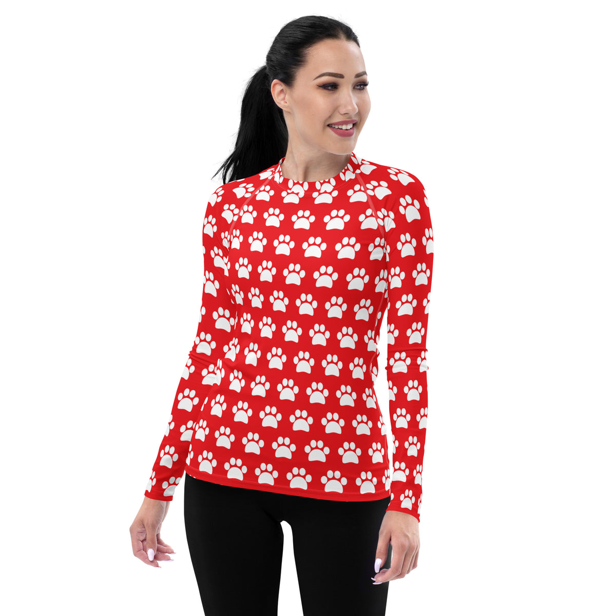 Women's Red Paw Print Long Sleeve Rash Guard Swim Shirt – Buttery Soft, Sun Safe UPF 50+ Protection, Quick Dry & 4-Way Stretch Comfort