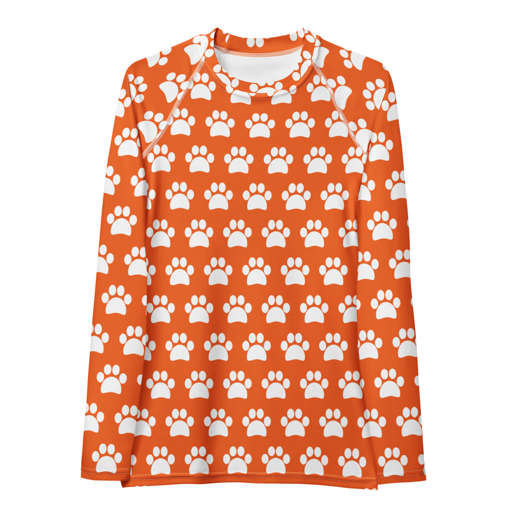 Women's Orange Paw Print Long Sleeve Rash Guard Swim Shirt – Buttery Soft, Sun Safe UPF 50+ Protection, Quick Dry & 4-Way Stretch Comfort