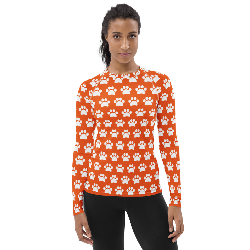 Women's Orange Paw Print Long Sleeve Rash Guard Swim Shirt – Buttery Soft, Sun Safe UPF 50+ Protection, Quick Dry & 4-Way Stretch Comfort