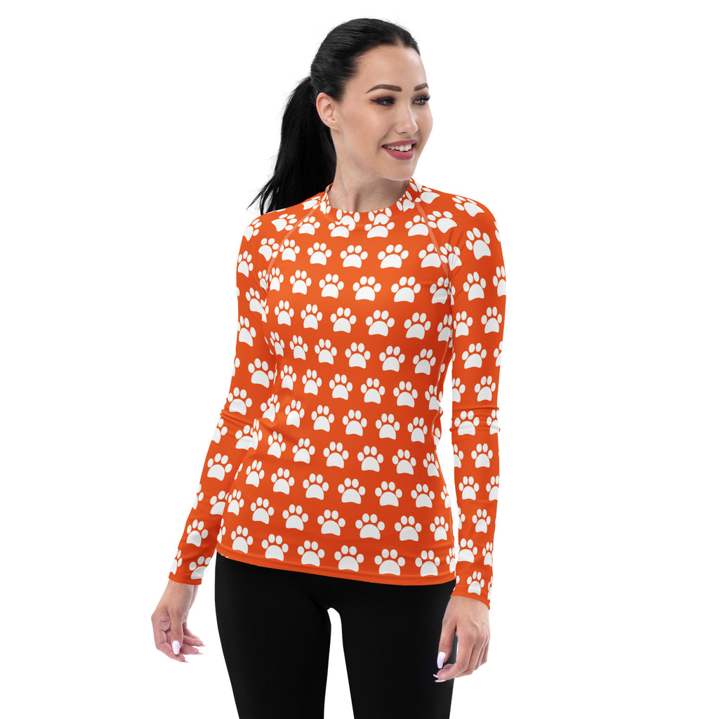 Women's Orange Paw Print Long Sleeve Rash Guard Swim Shirt – Buttery Soft, Sun Safe UPF 50+ Protection, Quick Dry & 4-Way Stretch Comfort