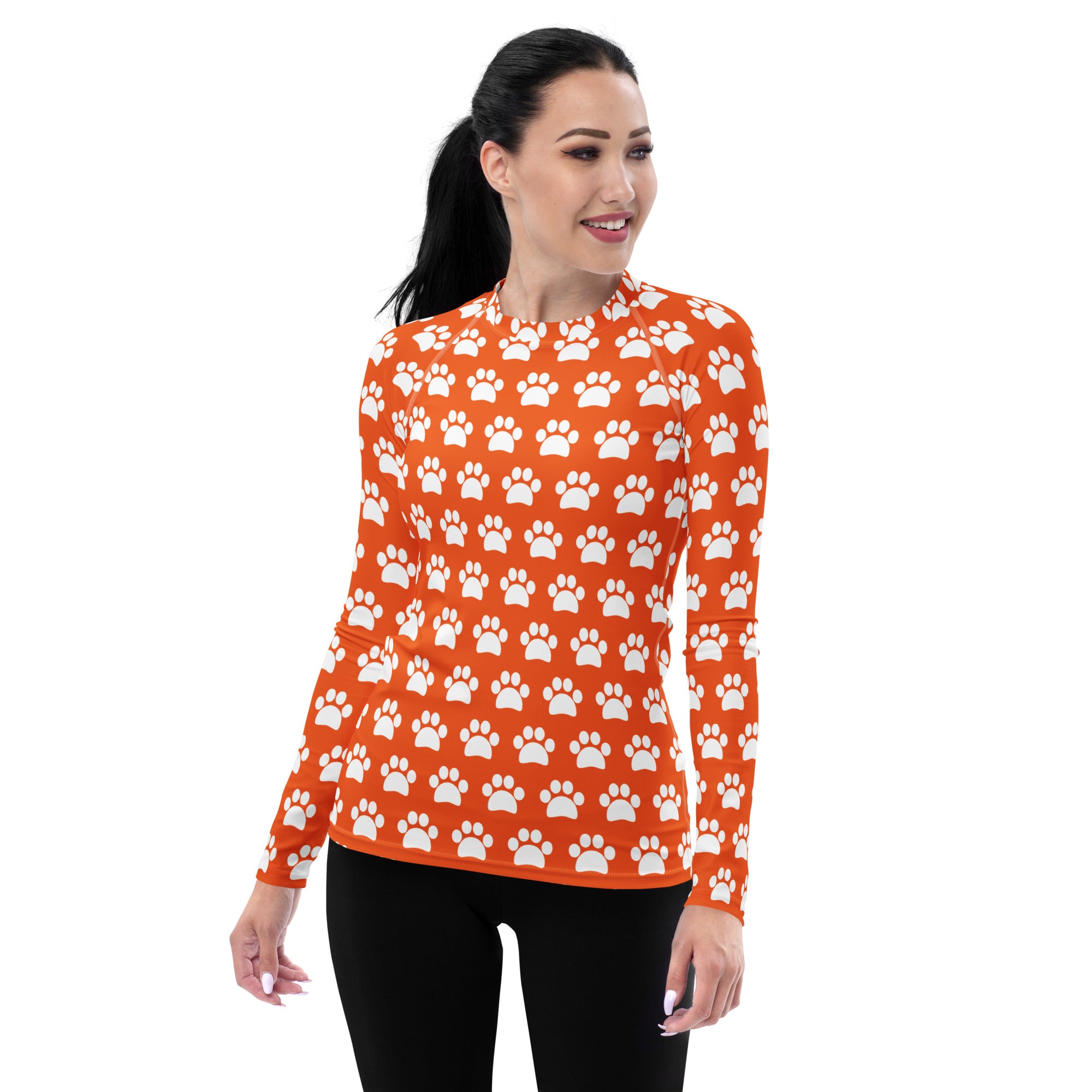 Women's Orange Paw Print Long Sleeve Rash Guard Swim Shirt – Buttery Soft, Sun Safe UPF 50+ Protection, Quick Dry & 4-Way Stretch Comfort
