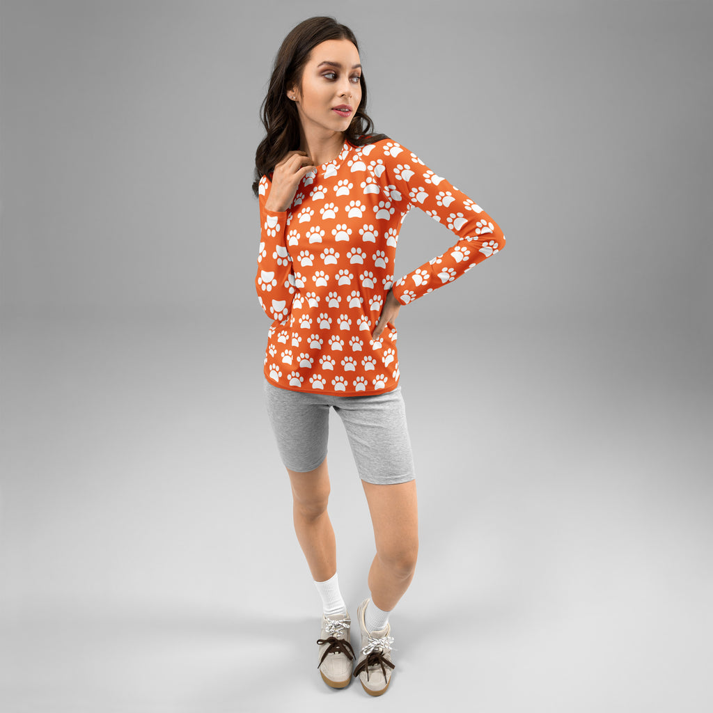 Women's Orange Paw Print Long Sleeve Rash Guard Swim Shirt – Buttery Soft, Sun Safe UPF 50+ Protection, Quick Dry & 4-Way Stretch Comfort