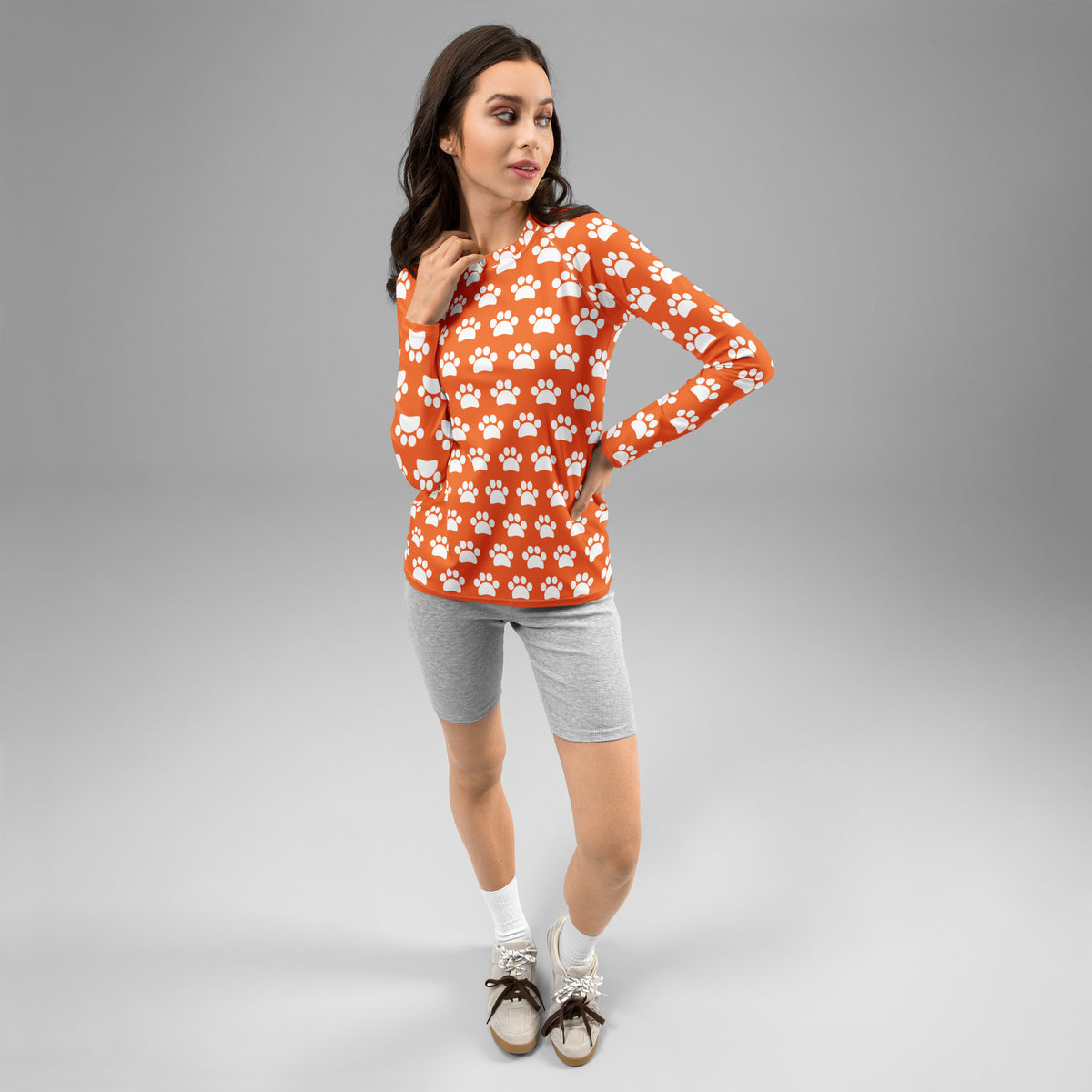 Women's Orange Paw Print Long Sleeve Rash Guard Swim Shirt – Buttery Soft, Sun Safe UPF 50+ Protection, Quick Dry & 4-Way Stretch Comfort