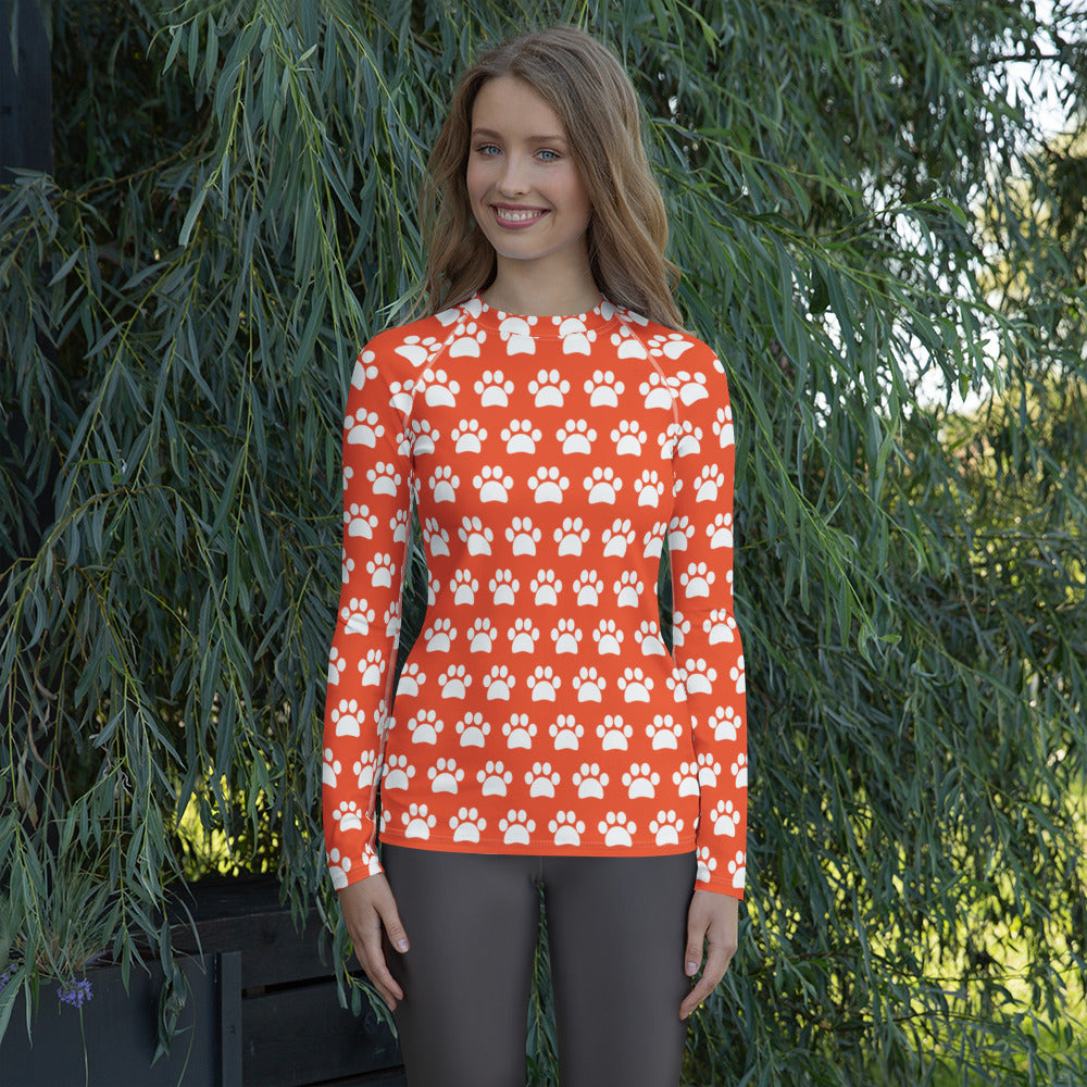 Women's Bright Orange Paw Print Long Sleeve Rash Guard Swim Shirt – Buttery Soft, Sun Safe UPF 50+ Protection, Quick Dry & 4-Way Stretch Comfort