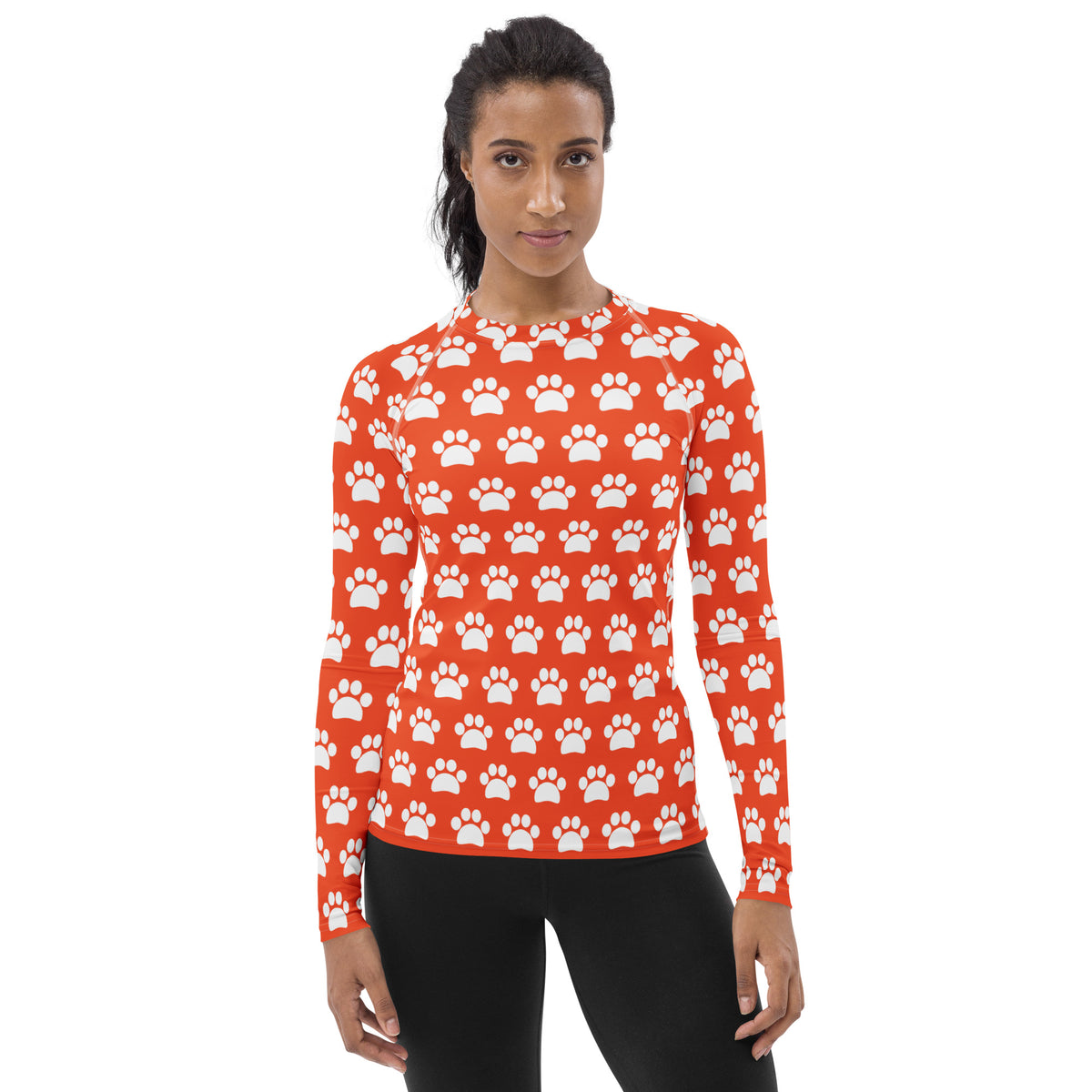Women's Bright Orange Paw Print Long Sleeve Rash Guard Swim Shirt – Buttery Soft, Sun Safe UPF 50+ Protection, Quick Dry & 4-Way Stretch Comfort