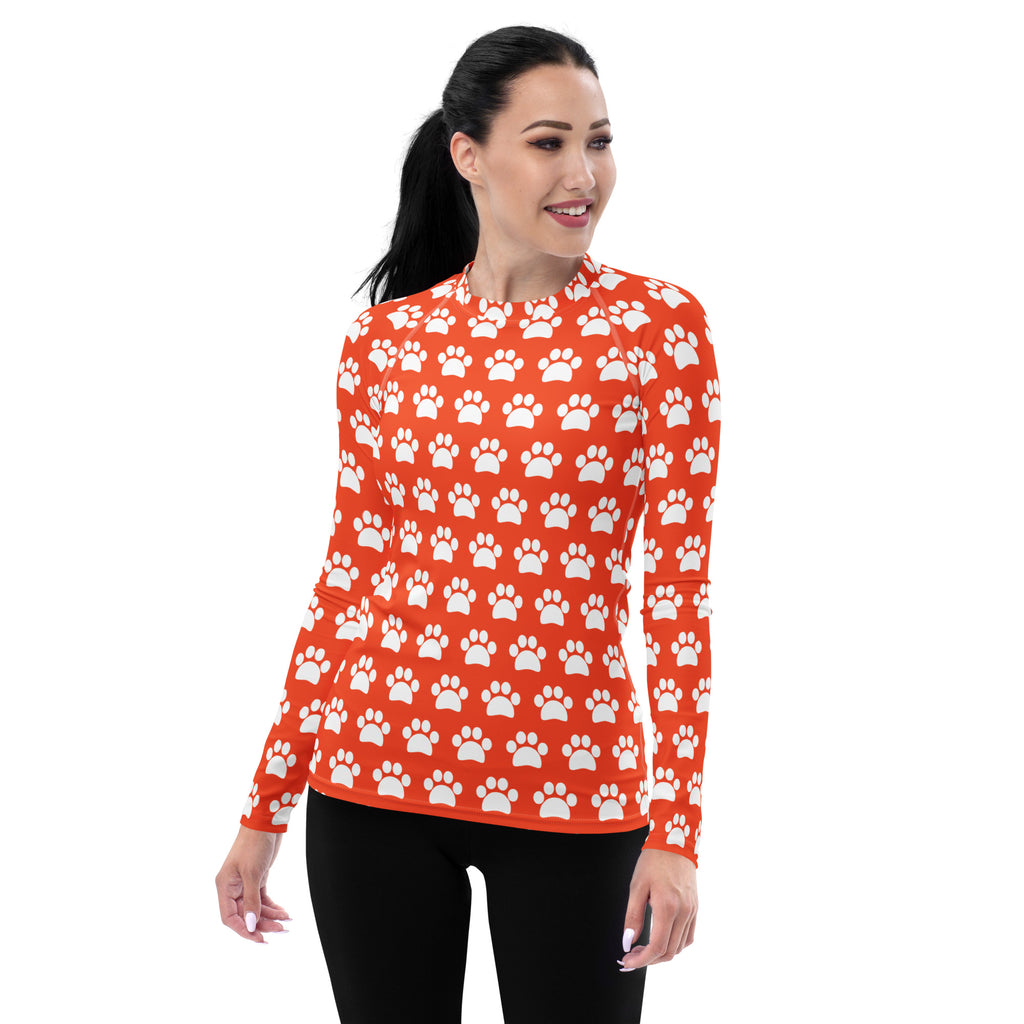 Women's Bright Orange Paw Print Long Sleeve Rash Guard Swim Shirt – Buttery Soft, Sun Safe UPF 50+ Protection, Quick Dry & 4-Way Stretch Comfort