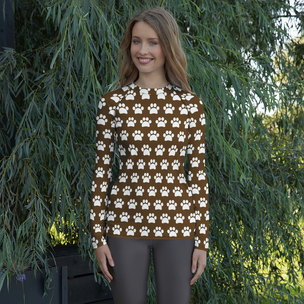 Women's Brown Paw Print Long Sleeve Rash Guard Swim Shirt – Buttery Soft, Sun Safe UPF 50+ Protection, Quick Dry & 4-Way Stretch Comfort