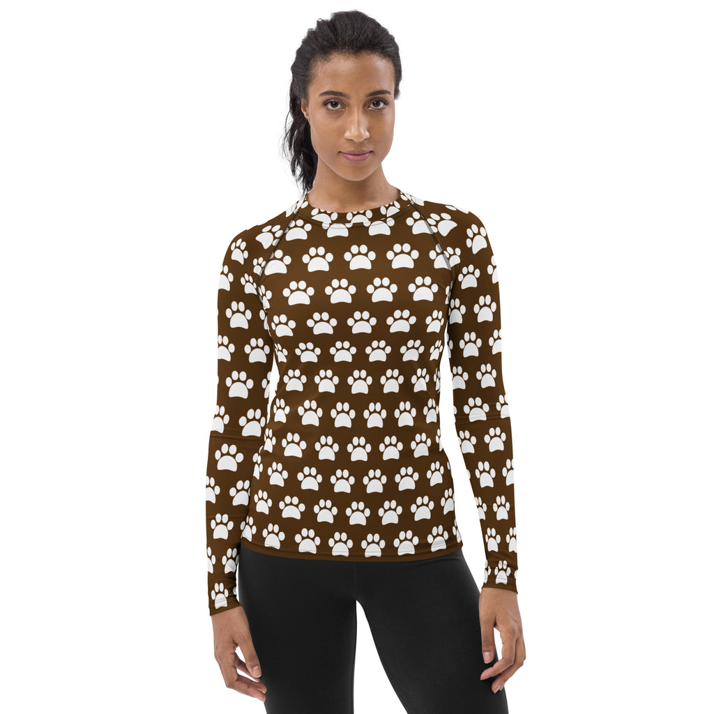 Women's Brown Paw Print Long Sleeve Rash Guard Swim Shirt – Buttery Soft, Sun Safe UPF 50+ Protection, Quick Dry & 4-Way Stretch Comfort