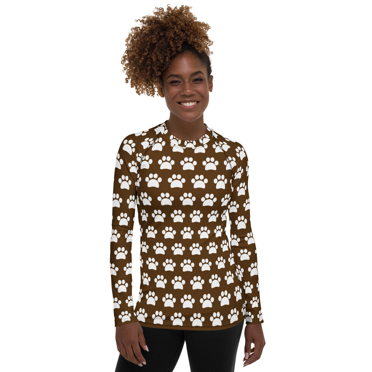 Women's Brown Paw Print Long Sleeve Rash Guard Swim Shirt – Buttery Soft, Sun Safe UPF 50+ Protection, Quick Dry & 4-Way Stretch Comfort