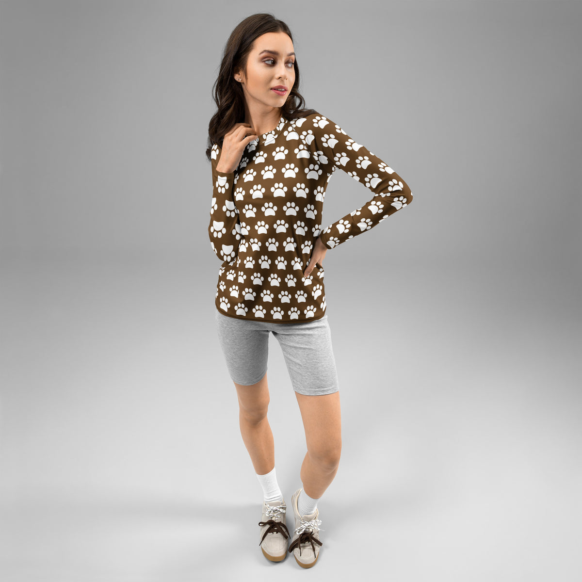 Women's Brown Paw Print Long Sleeve Rash Guard Swim Shirt – Buttery Soft, Sun Safe UPF 50+ Protection, Quick Dry & 4-Way Stretch Comfort