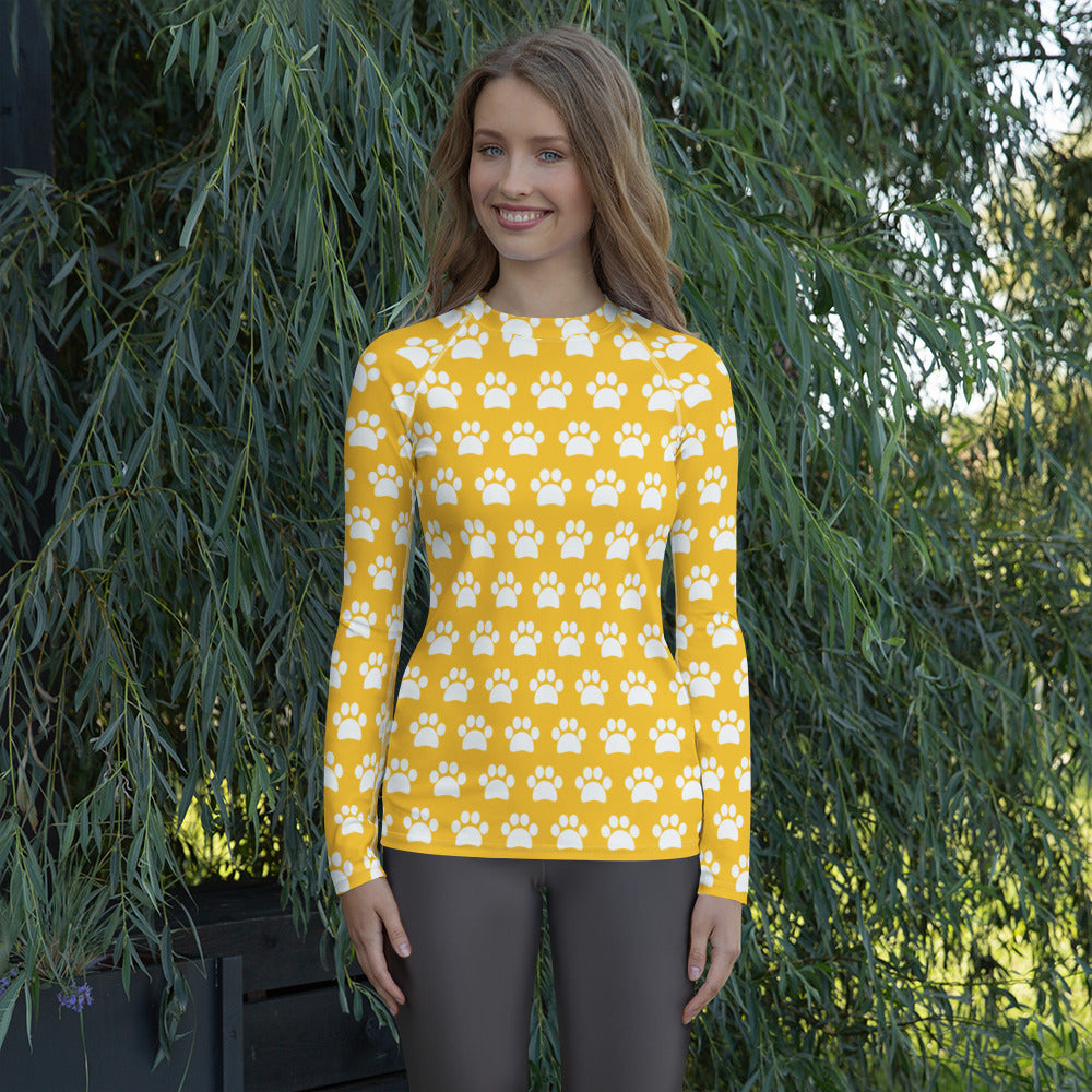 Women's Yellow Paw Print Long Sleeve Rash Guard Swim Shirt – Buttery Soft, Sun Safe UPF 50+ Protection, Quick Dry & 4-Way Stretch Comfort