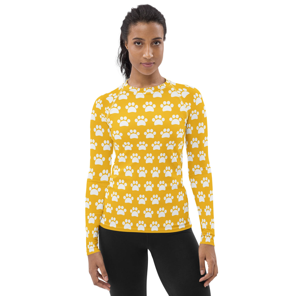 Women's Yellow Paw Print Long Sleeve Rash Guard Swim Shirt – Buttery Soft, Sun Safe UPF 50+ Protection, Quick Dry & 4-Way Stretch Comfort