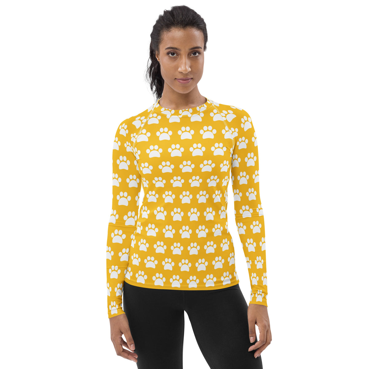 Women's Yellow Paw Print Long Sleeve Rash Guard Swim Shirt – Buttery Soft, Sun Safe UPF 50+ Protection, Quick Dry & 4-Way Stretch Comfort