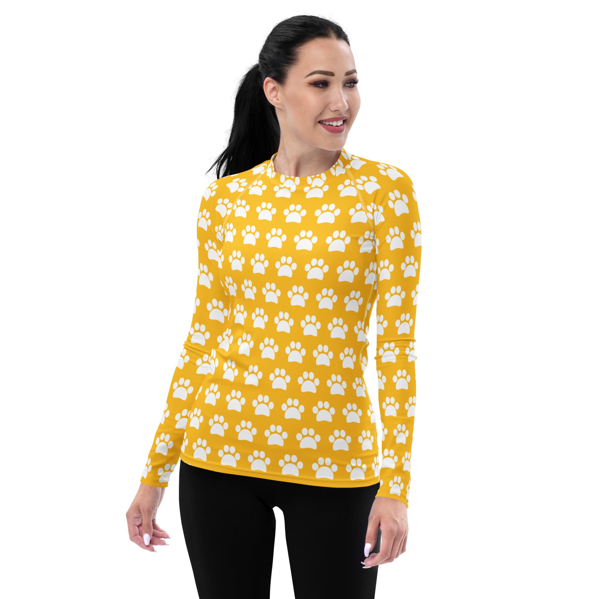 Women's Yellow Paw Print Long Sleeve Rash Guard Swim Shirt – Buttery Soft, Sun Safe UPF 50+ Protection, Quick Dry & 4-Way Stretch Comfort