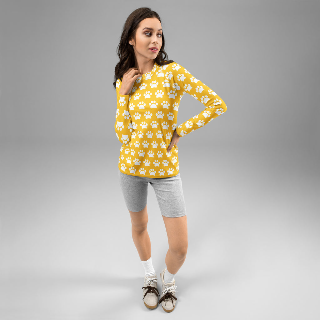 Women's Yellow Paw Print Long Sleeve Rash Guard Swim Shirt – Buttery Soft, Sun Safe UPF 50+ Protection, Quick Dry & 4-Way Stretch Comfort