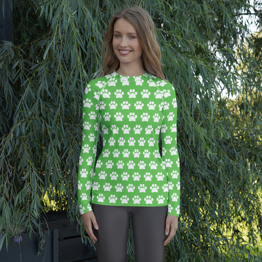 Women's Green Paw Print Long Sleeve Rash Guard Swim Shirt – Buttery Soft, Sun Safe UPF 50+ Protection, Quick Dry & 4-Way Stretch Comfort