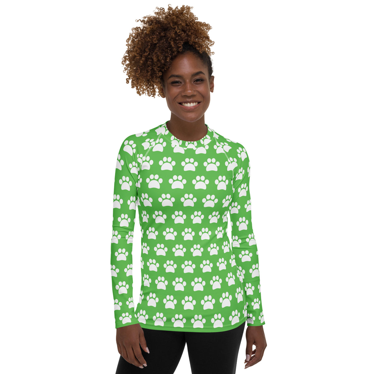 Women's Green Paw Print Long Sleeve Rash Guard Swim Shirt – Buttery Soft, Sun Safe UPF 50+ Protection, Quick Dry & 4-Way Stretch Comfort