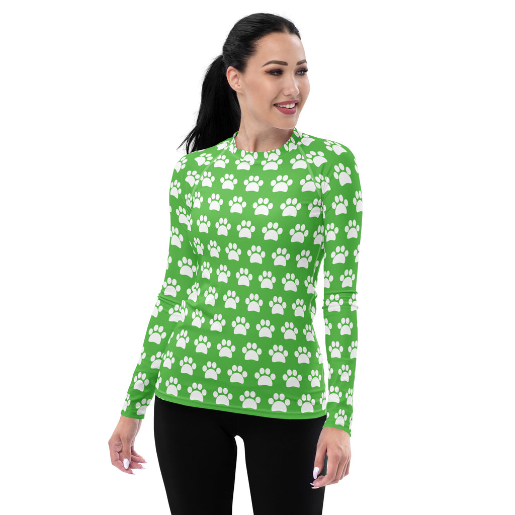 Women's Green Paw Print Long Sleeve Rash Guard Swim Shirt – Buttery Soft, Sun Safe UPF 50+ Protection, Quick Dry & 4-Way Stretch Comfort