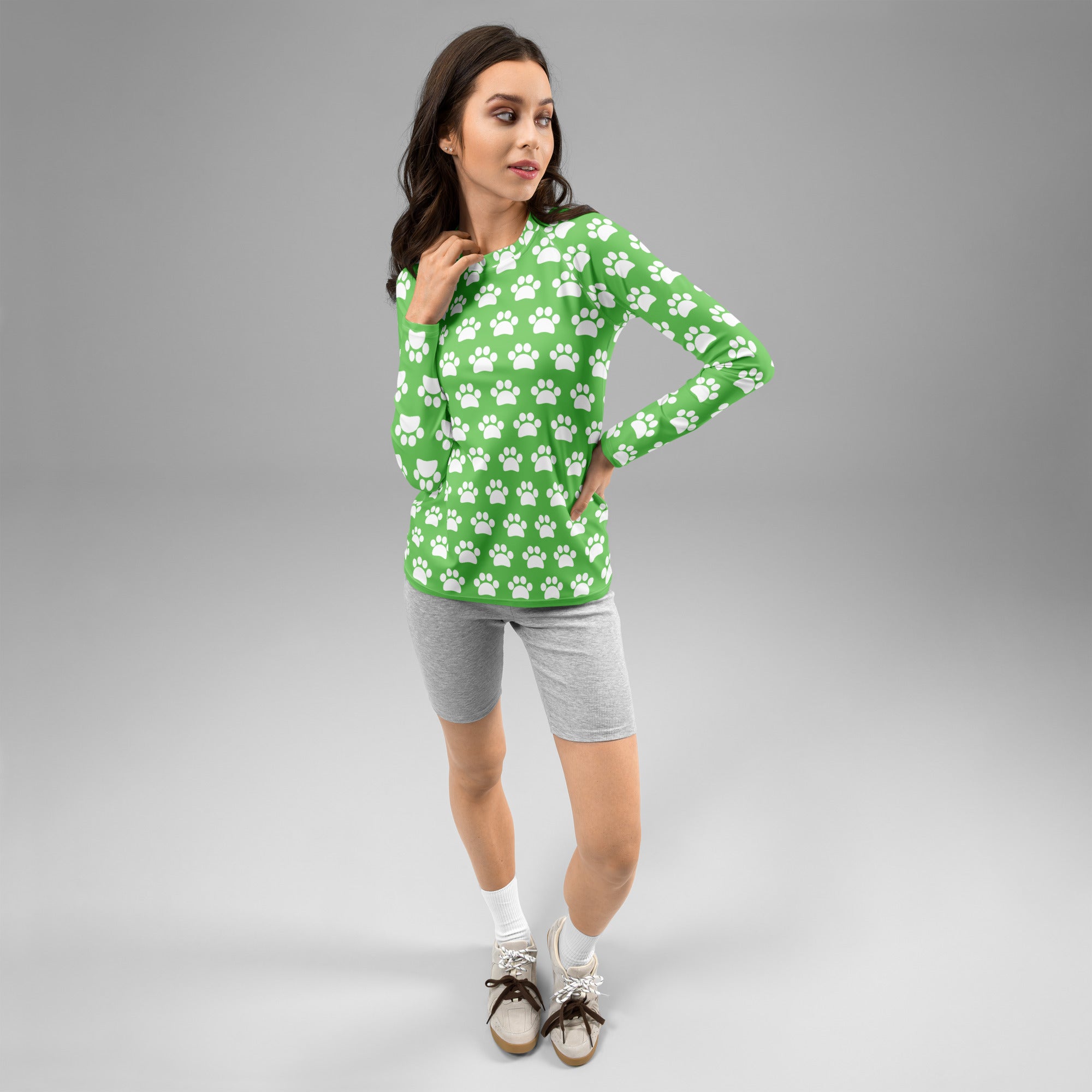 Women's Green Paw Print Long Sleeve Rash Guard Swim Shirt – Buttery Soft, Sun Safe UPF 50+ Protection, Quick Dry & 4-Way Stretch Comfort