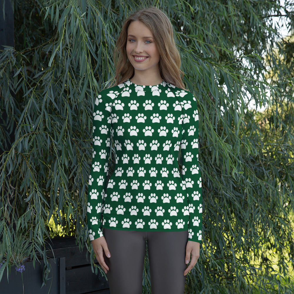 Women's Forest Green Paw Print Long Sleeve Rash Guard Swim Shirt – Buttery Soft, Sun Safe UPF 50+ Protection, Quick Dry & 4-Way Stretch Comfort