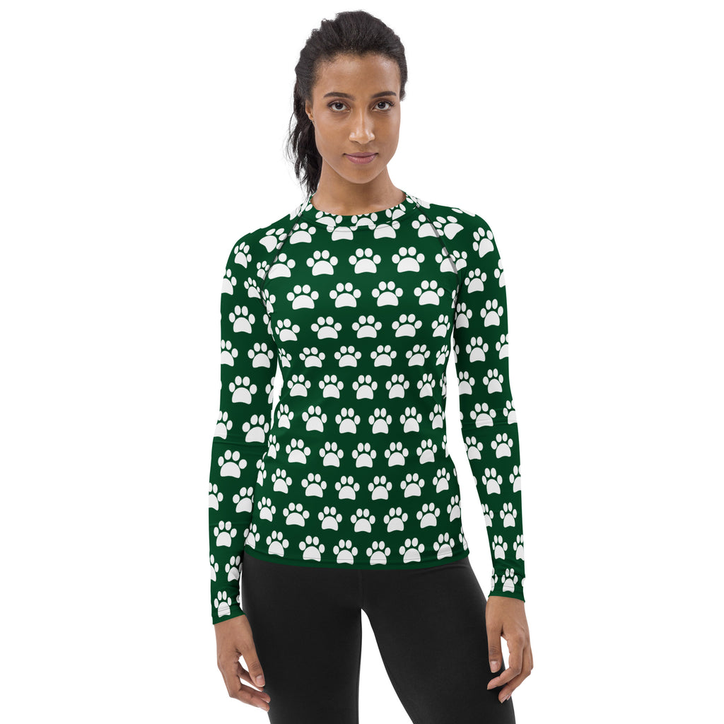 Women's Forest Green Paw Print Long Sleeve Rash Guard Swim Shirt – Buttery Soft, Sun Safe UPF 50+ Protection, Quick Dry & 4-Way Stretch Comfort