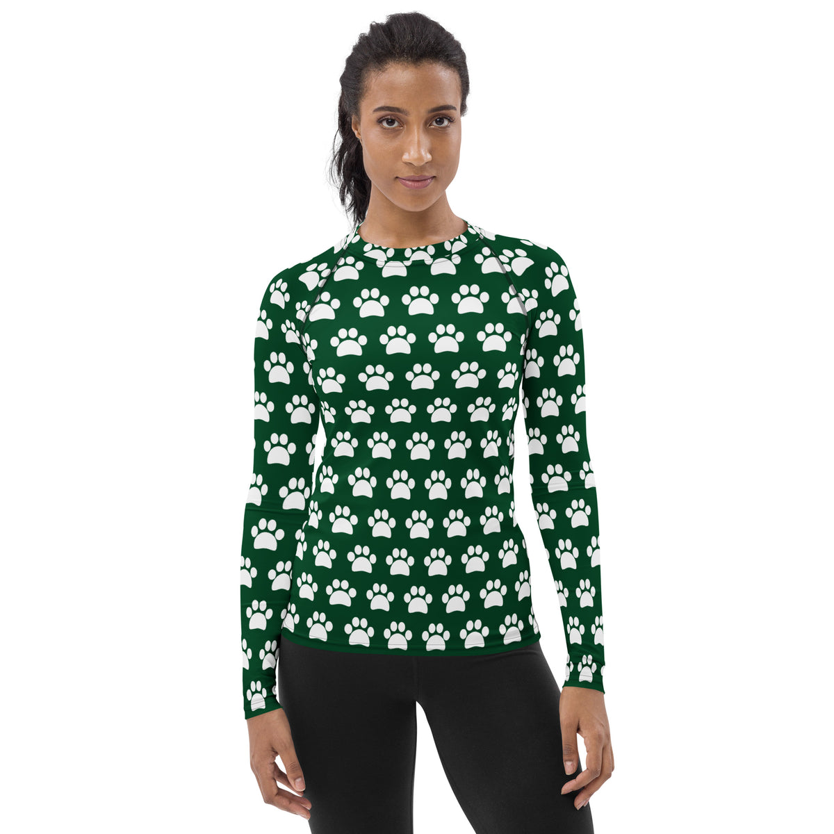 Women's Forest Green Paw Print Long Sleeve Rash Guard Swim Shirt – Buttery Soft, Sun Safe UPF 50+ Protection, Quick Dry & 4-Way Stretch Comfort