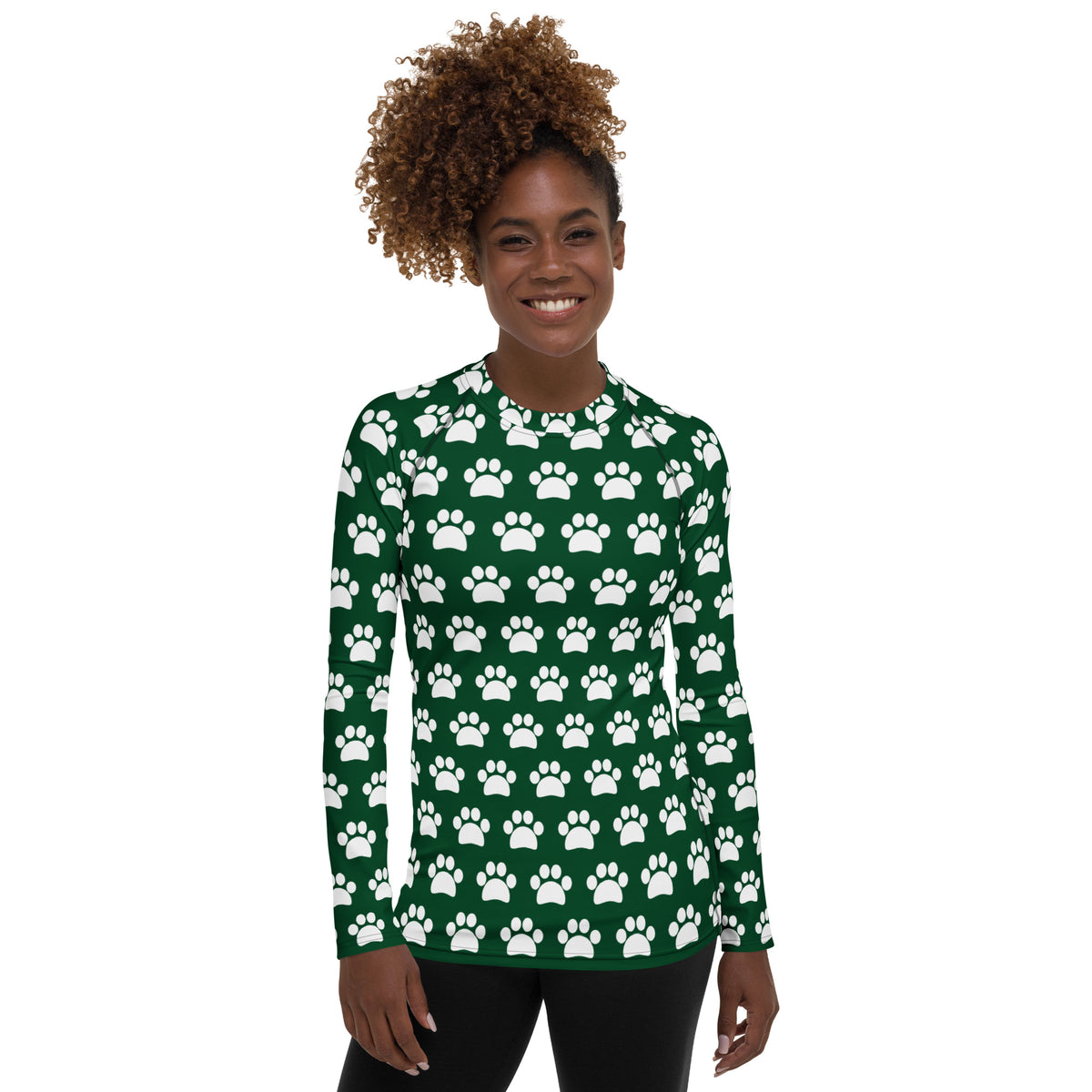 Women's Forest Green Paw Print Long Sleeve Rash Guard Swim Shirt – Buttery Soft, Sun Safe UPF 50+ Protection, Quick Dry & 4-Way Stretch Comfort