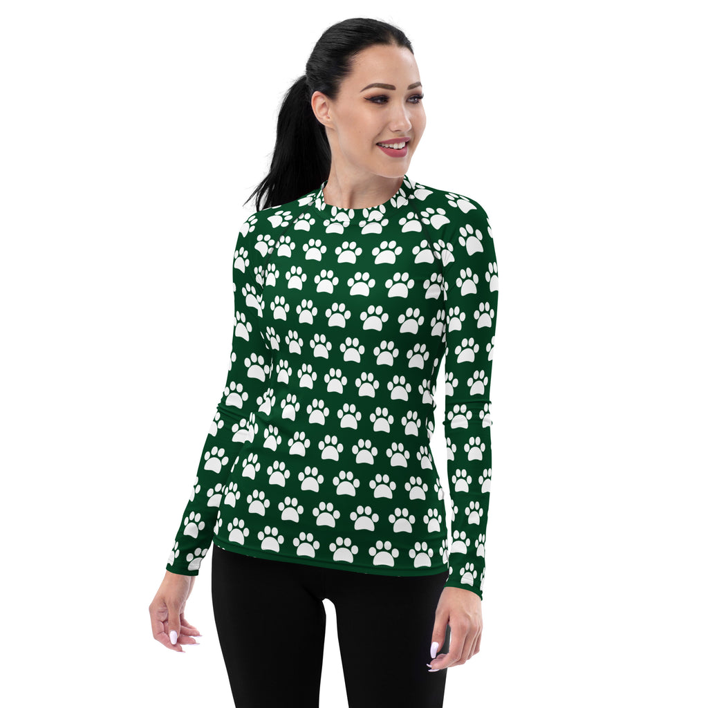 Women's Forest Green Paw Print Long Sleeve Rash Guard Swim Shirt – Buttery Soft, Sun Safe UPF 50+ Protection, Quick Dry & 4-Way Stretch Comfort