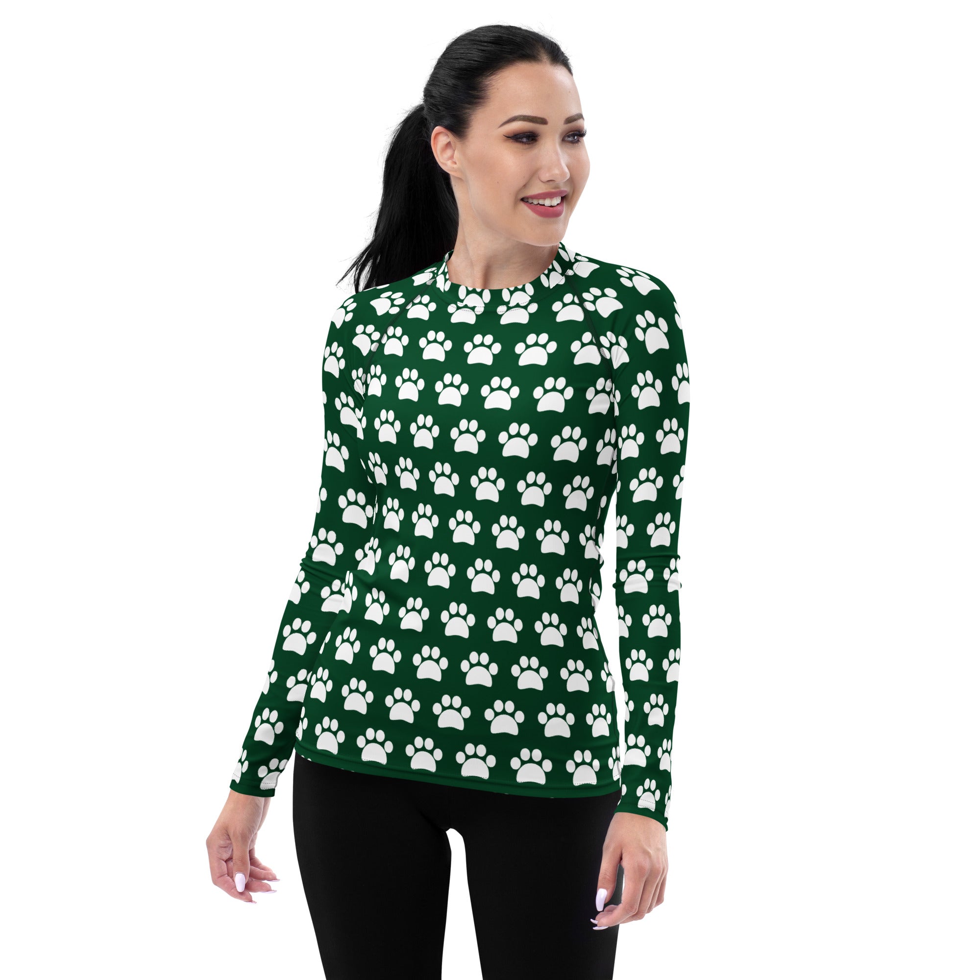 Women's Forest Green Paw Print Long Sleeve Rash Guard Swim Shirt – Buttery Soft, Sun Safe UPF 50+ Protection, Quick Dry & 4-Way Stretch Comfort