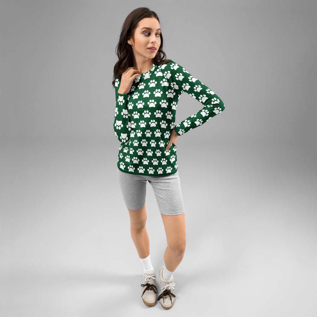 Women's Forest Green Paw Print Long Sleeve Rash Guard Swim Shirt – Buttery Soft, Sun Safe UPF 50+ Protection, Quick Dry & 4-Way Stretch Comfort