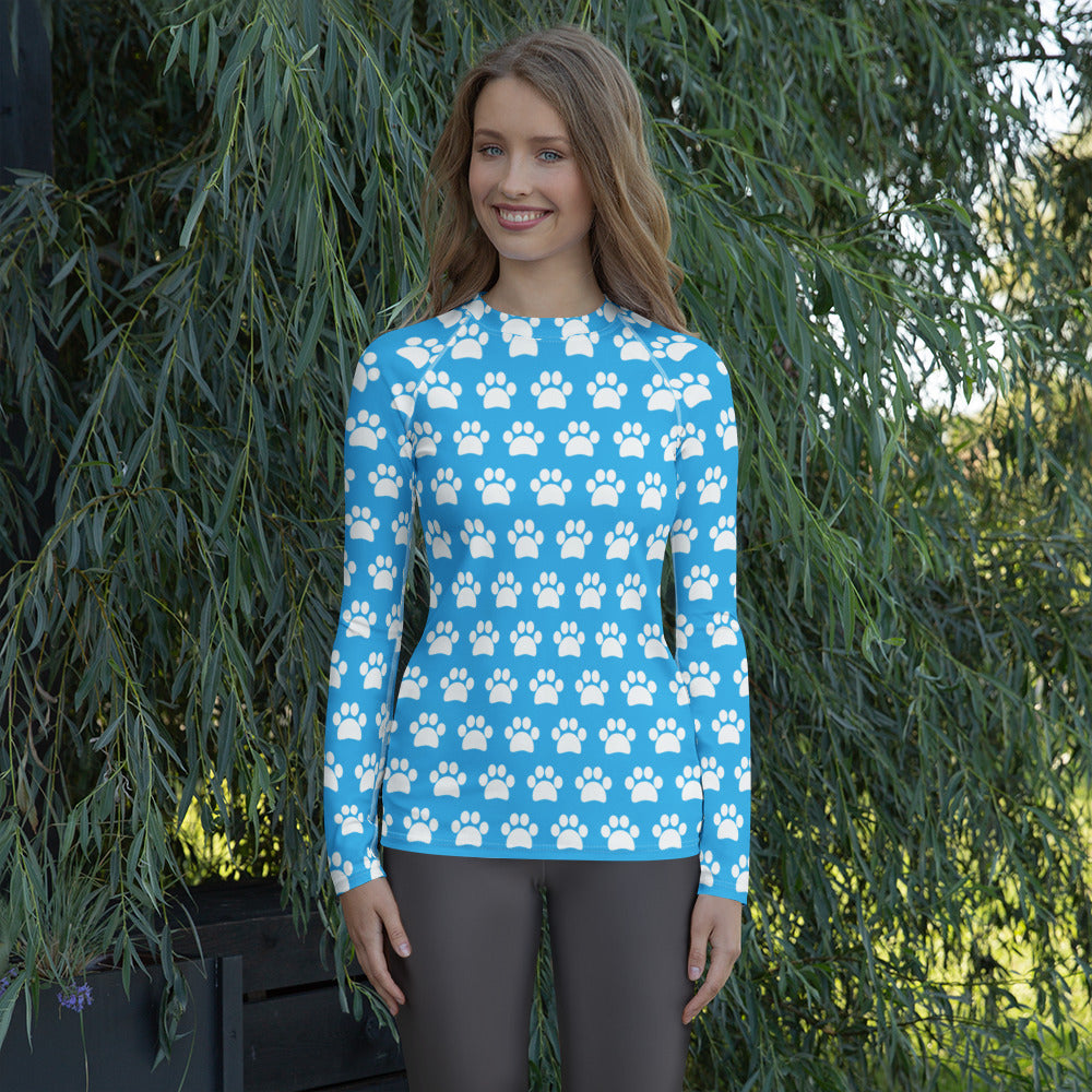 Women's Light Blue Paw Print Long Sleeve Rash Guard Swim Shirt – Buttery Soft, Sun Safe UPF 50+ Protection, Quick Dry & 4-Way Stretch Comfort