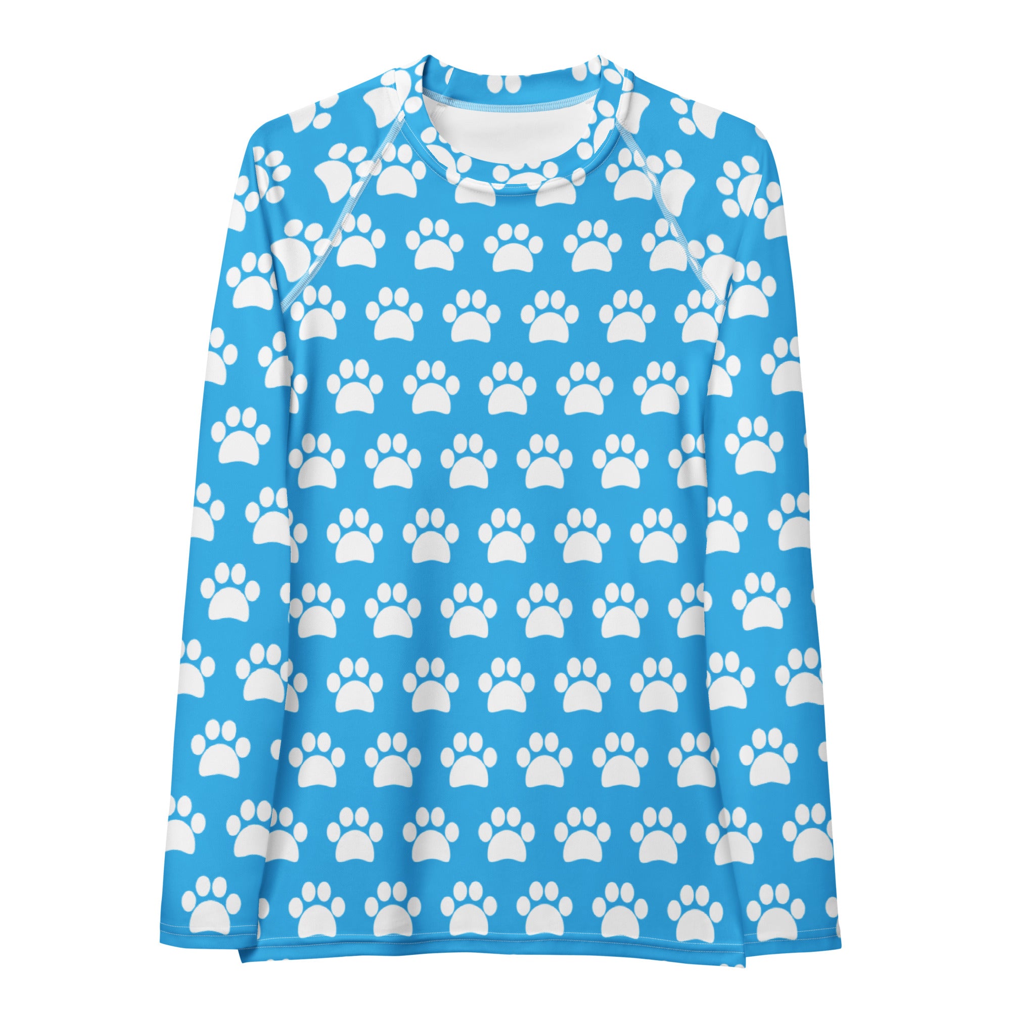 Women's Light Blue Paw Print Long Sleeve Rash Guard Swim Shirt – Buttery Soft, Sun Safe UPF 50+ Protection, Quick Dry & 4-Way Stretch Comfort