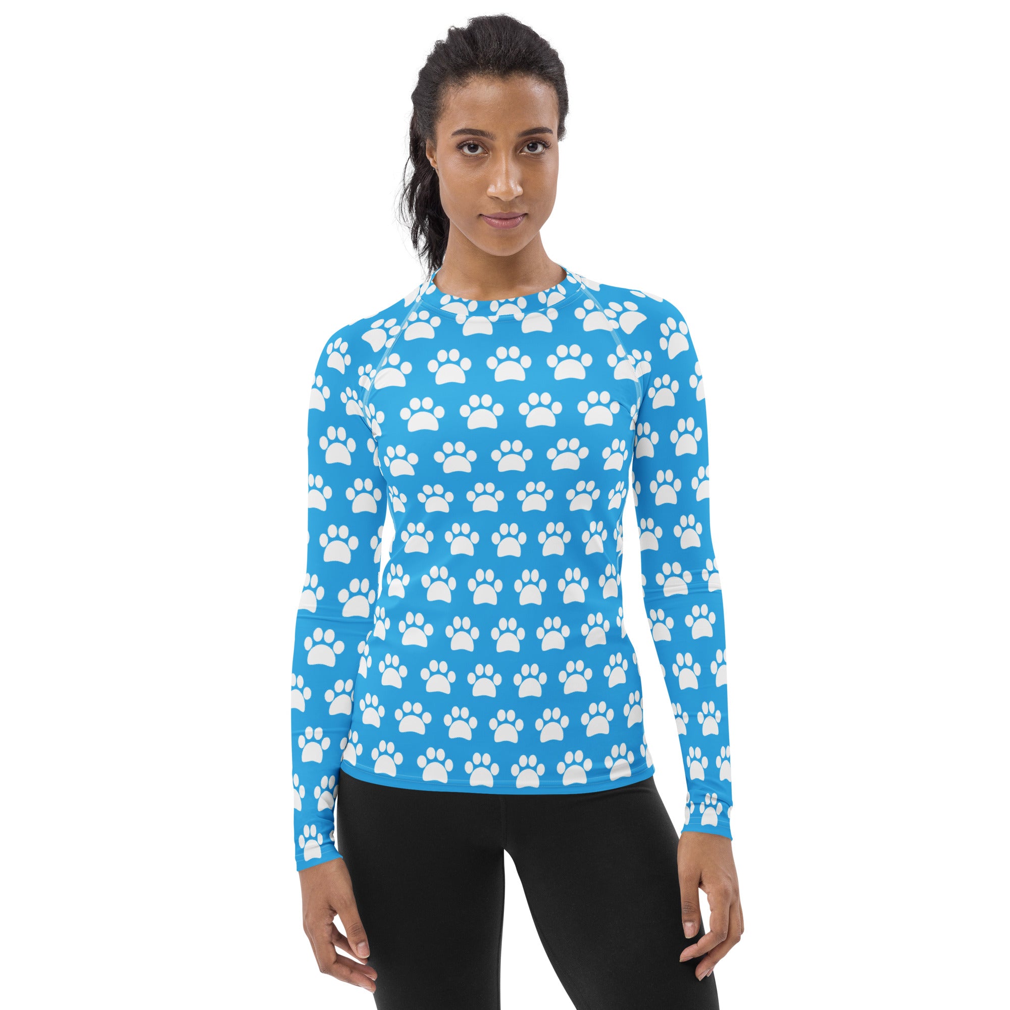 Women's Light Blue Paw Print Long Sleeve Rash Guard Swim Shirt – Buttery Soft, Sun Safe UPF 50+ Protection, Quick Dry & 4-Way Stretch Comfort