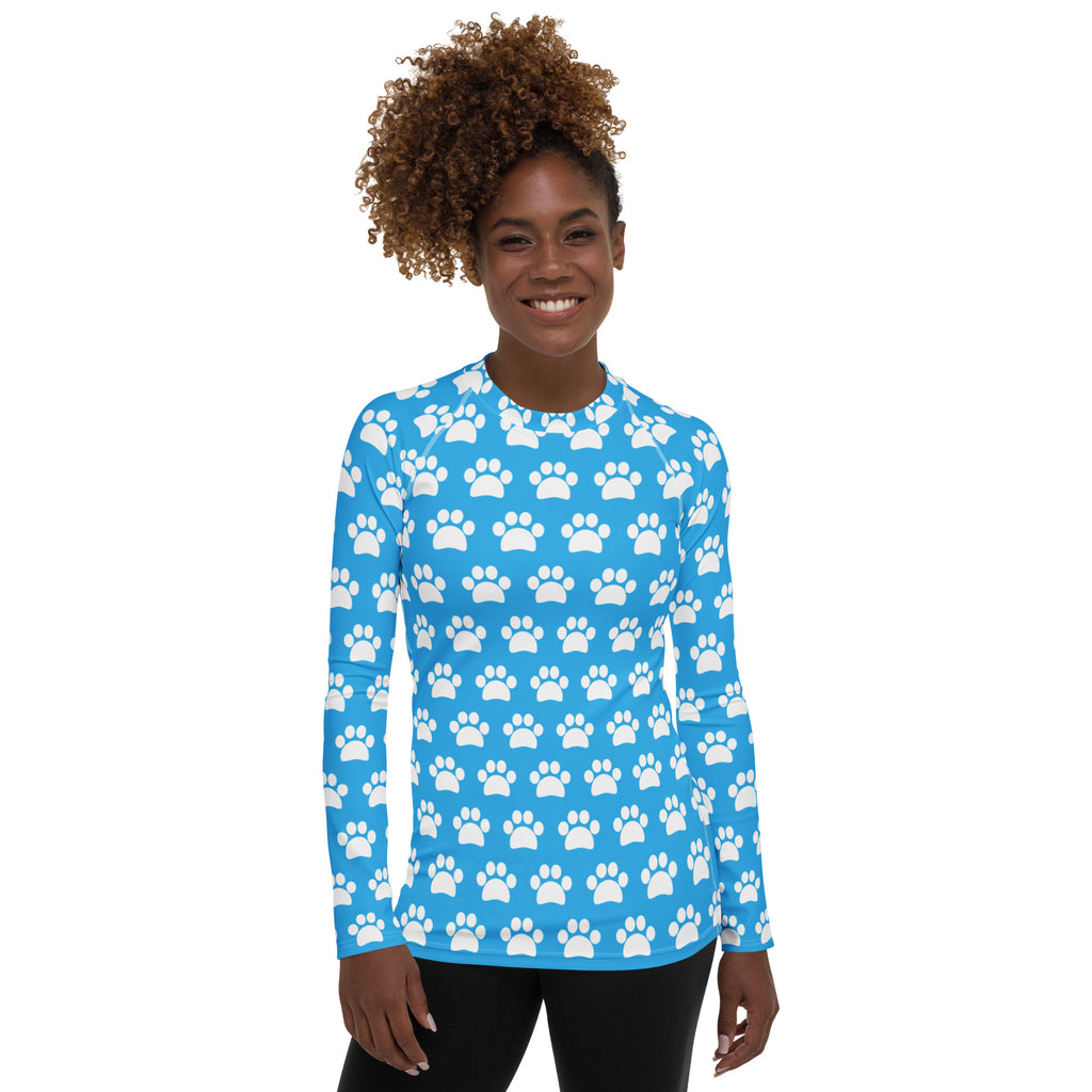 Women's Light Blue Paw Print Long Sleeve Rash Guard Swim Shirt – Buttery Soft, Sun Safe UPF 50+ Protection, Quick Dry & 4-Way Stretch Comfort