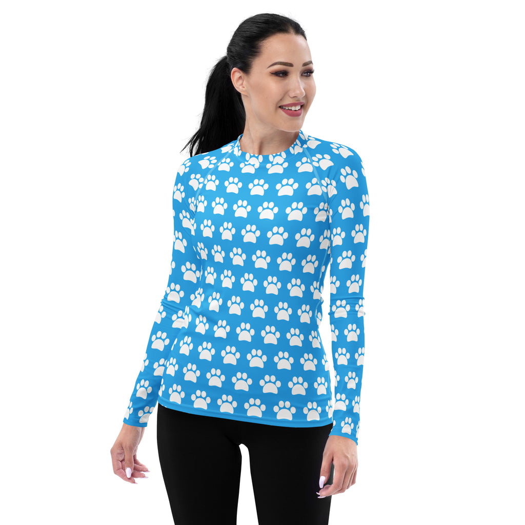 Women's Light Blue Paw Print Long Sleeve Rash Guard Swim Shirt – Buttery Soft, Sun Safe UPF 50+ Protection, Quick Dry & 4-Way Stretch Comfort