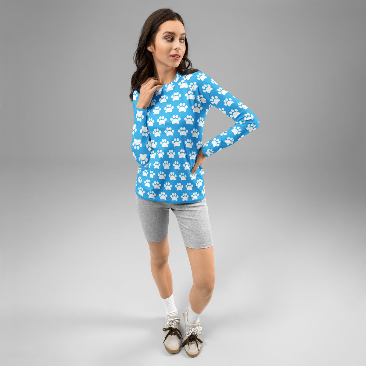 Women's Light Blue Paw Print Long Sleeve Rash Guard Swim Shirt – Buttery Soft, Sun Safe UPF 50+ Protection, Quick Dry & 4-Way Stretch Comfort