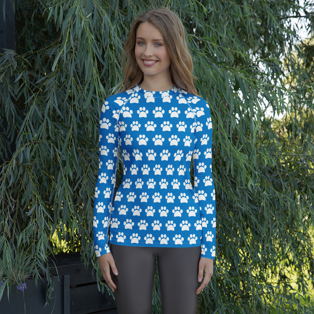 Women's Blue Paw Print Long Sleeve Rash Guard Swim Shirt – Buttery Soft, Sun Safe UPF 50+ Protection, Quick Dry & 4-Way Stretch Comfort