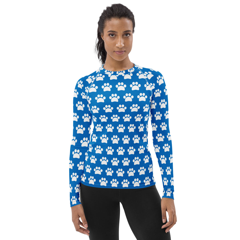 Women's Blue Paw Print Long Sleeve Rash Guard Swim Shirt – Buttery Soft, Sun Safe UPF 50+ Protection, Quick Dry & 4-Way Stretch Comfort