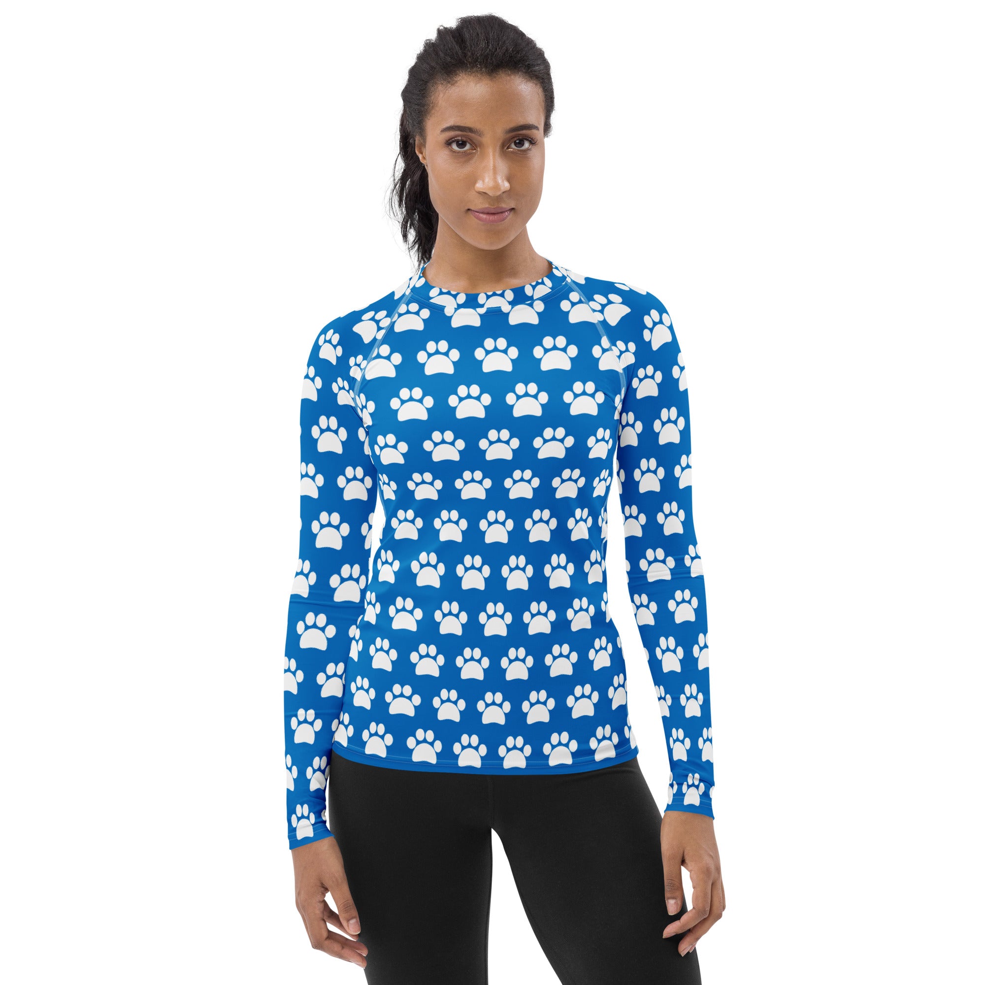 Women's Blue Paw Print Long Sleeve Rash Guard Swim Shirt – Buttery Soft, Sun Safe UPF 50+ Protection, Quick Dry & 4-Way Stretch Comfort